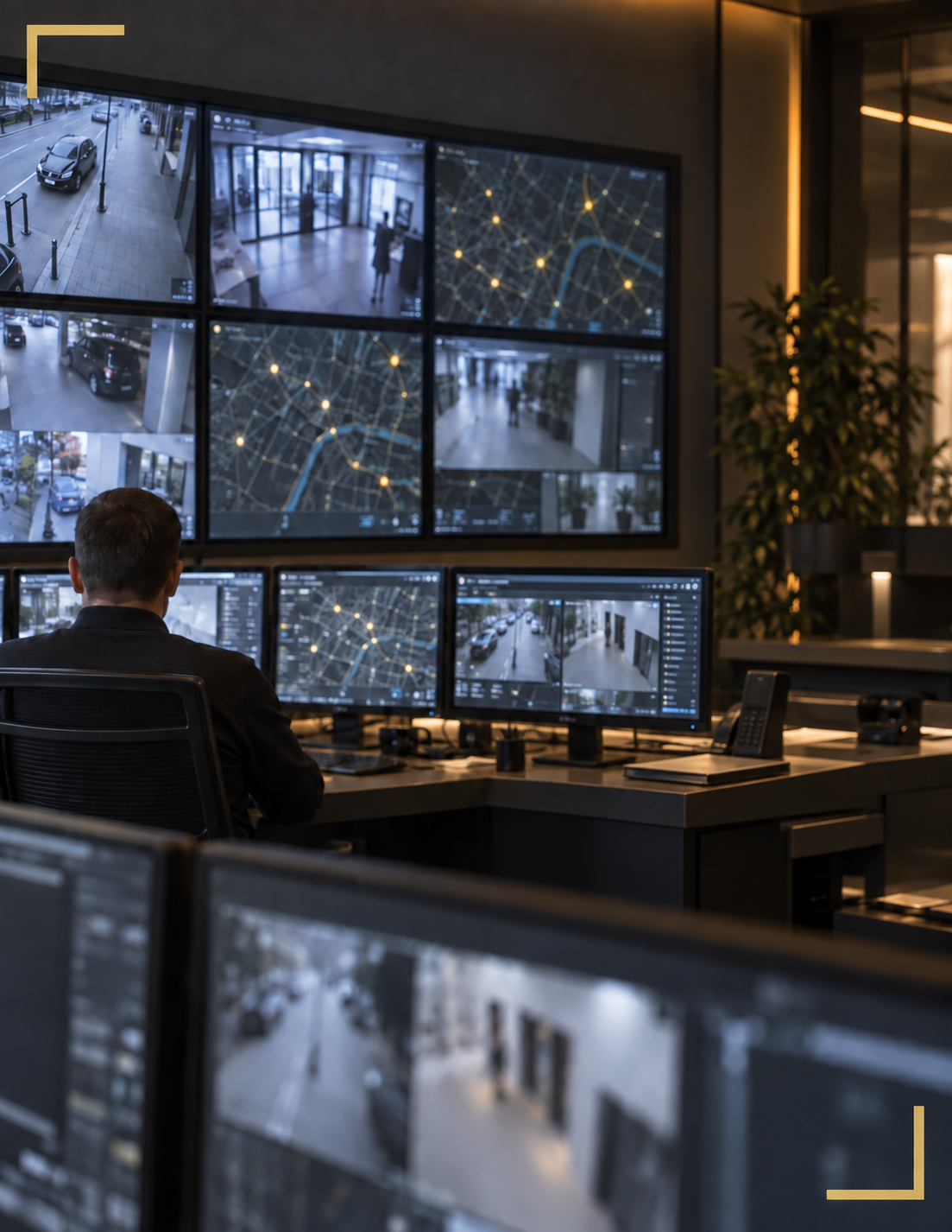 Incident management operator monitoring surveillance screens in a control room