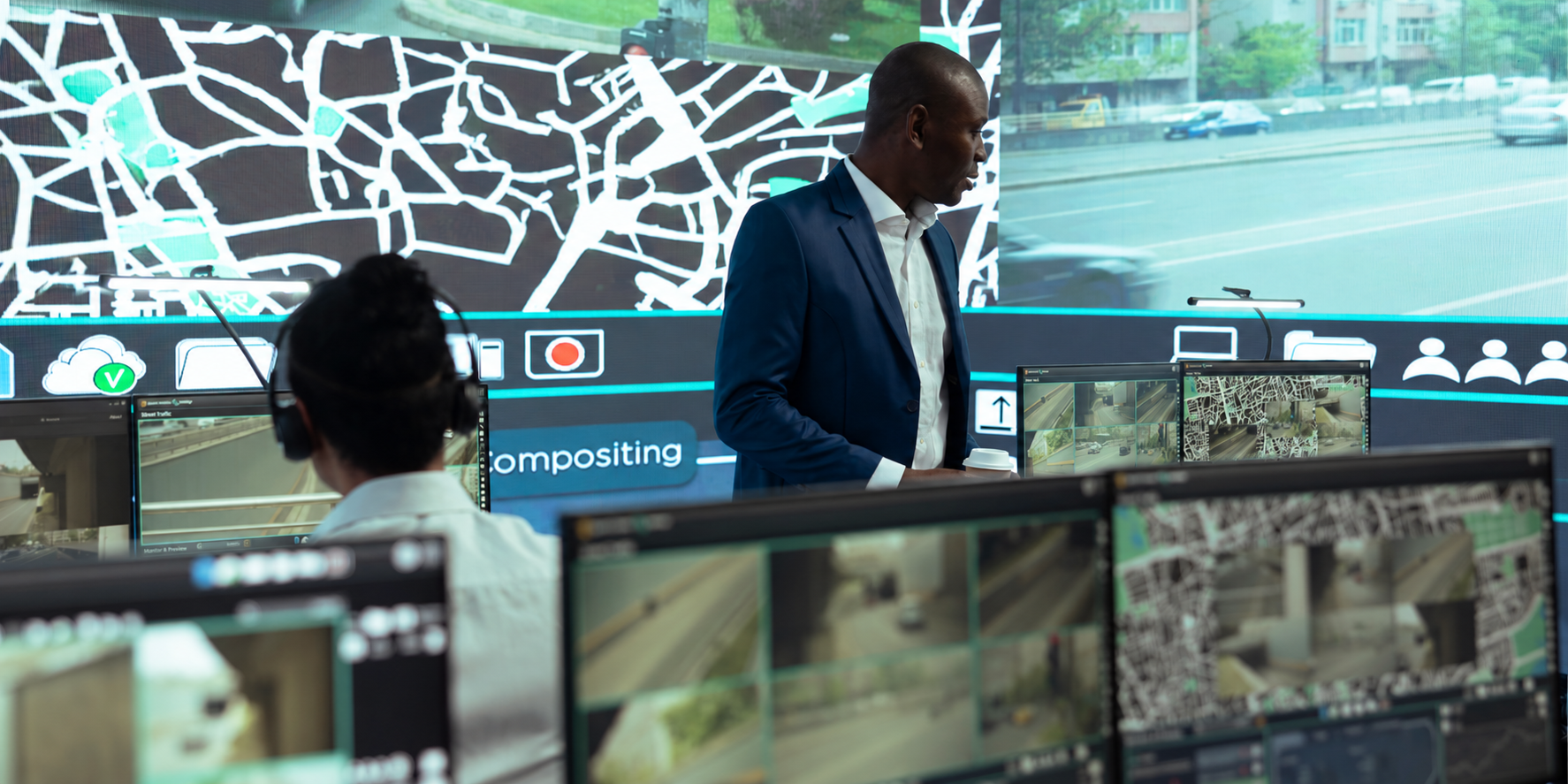 Monitoring centre team coordinating live surveillance and incident response